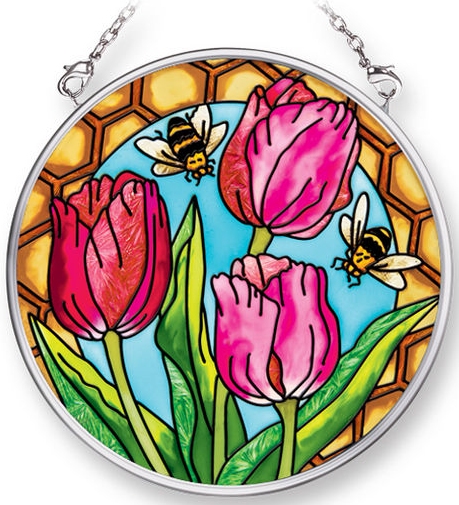 Amia 42074 Tulips & Bees Small Circle Suncatcher Glass $14.99
