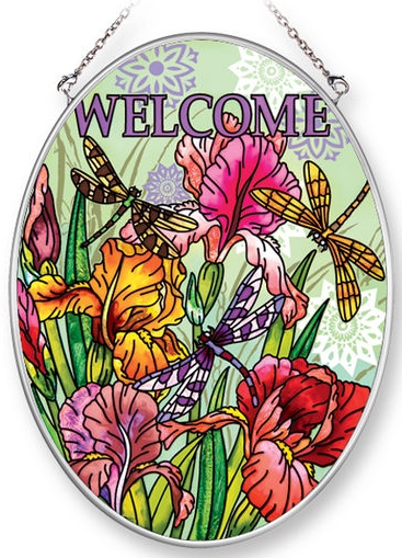 Amia 42225 Dragonflies Irises Medium Oval Suncatcher Glass $21.99