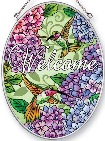Amia 42455 Hydrangeas Hummingbirds Medium Oval Suncatcher Glass $21.99