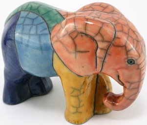 Raku South Africa E28 Elephant with Trunk Down Raku Glazed Pottery $47.99