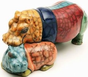 Raku South Africa H22 Hippo & Calf Baby Raku Glazed Pottery $124.99