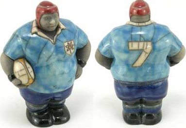 Raku South Africa PB41 Mr Potbelly Rugby Player Blue Bull Raku Glazed Pottery $59.99